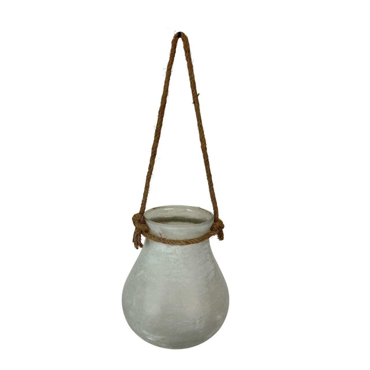 Frosted Glass Decorative Candle Lantern W Rope Hanger, 7 in Deep Round